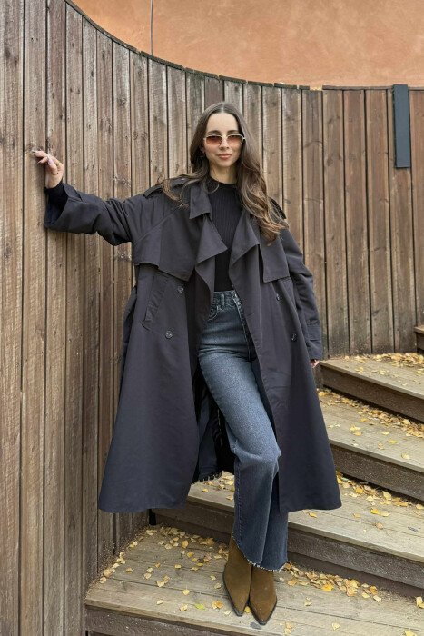 LONG BACK LEO DESIGN WOMEN TRENCH COAT BLACK/ E ZEZE - 3