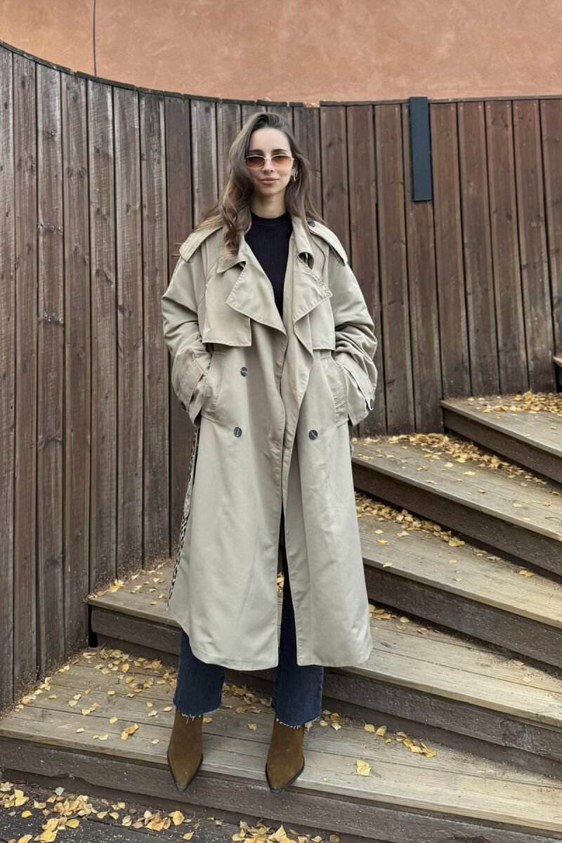 LONG BACK LEO DESIGN WOMEN TRENCH COAT DARK BEIGE/BEZHE ERRET - 2