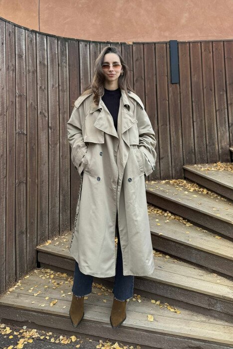 LONG BACK LEO DESIGN WOMEN TRENCH COAT DARK BEIGE/BEZHE ERRET - 2