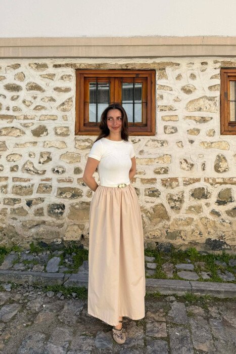 LONG BELT DETAIL WOMEN DRESS LIGHT BEIGE/BZHZB - 1