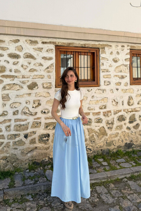 LONG BELT DETAIL WOMEN DRESS LIGHTBLUE/BZ - KLAUDIO FASHION