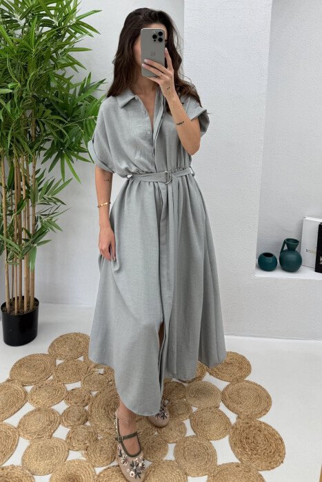 LONG BUTTON ONE COLOR WOMEN DRESS LIGHT GREY/GZ - KLAUDIO FASHION