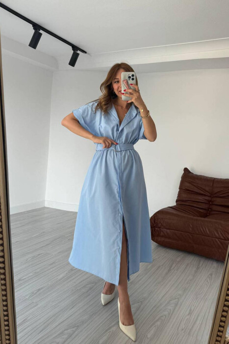 LONG BUTTON SIMPLE WOMEN DRESS BABY BLUE/BLU BY - 1
