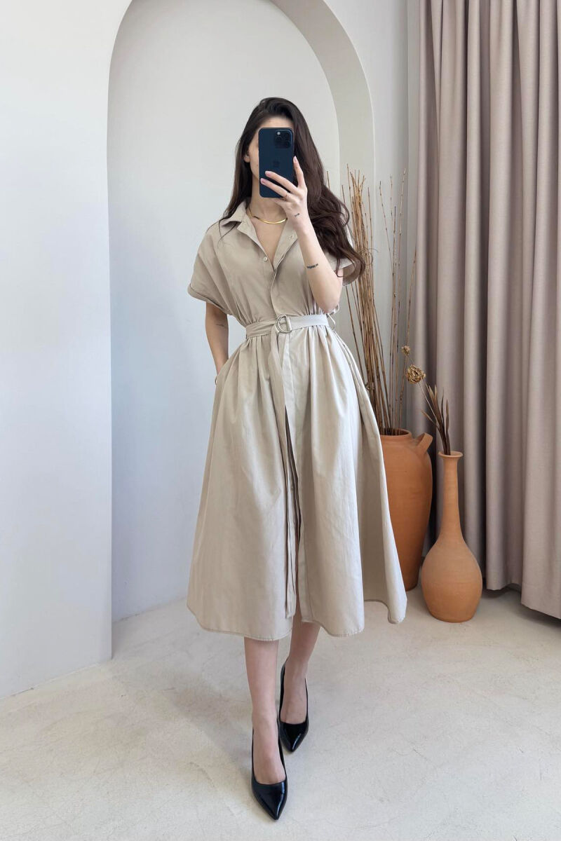 LONG BUTTON SIMPLE WOMEN DRESS KHAKI / KAKI - 1