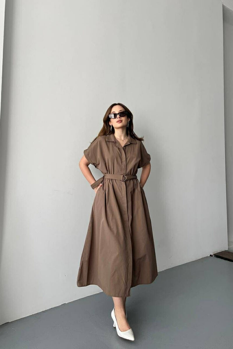 LONG BUTTON SIMPLE WOMEN DRESS LIGHT BROWN/KAZB - 1