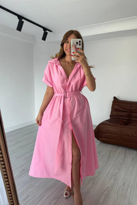 LONG BUTTON SIMPLE WOMEN DRESS PINK/ROZE 