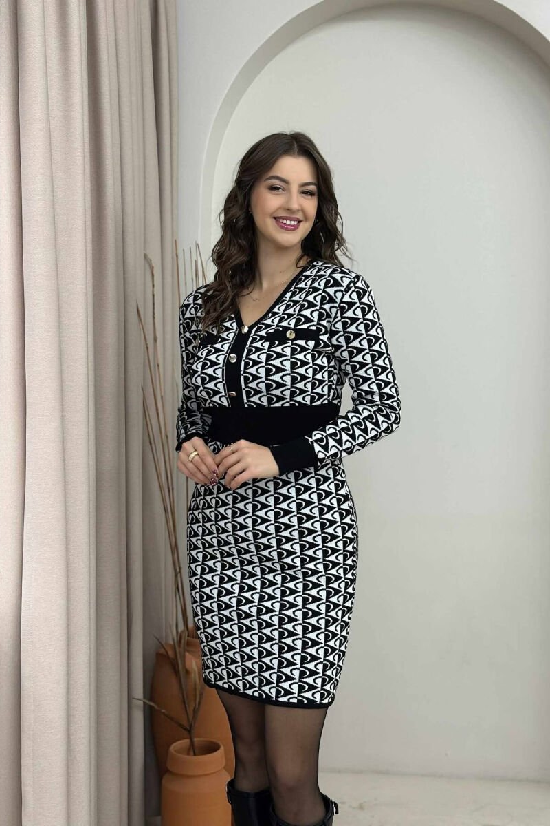 LONG BUTTONED V NECK WOMEN DRESS BLACK/ E ZEZE - 4