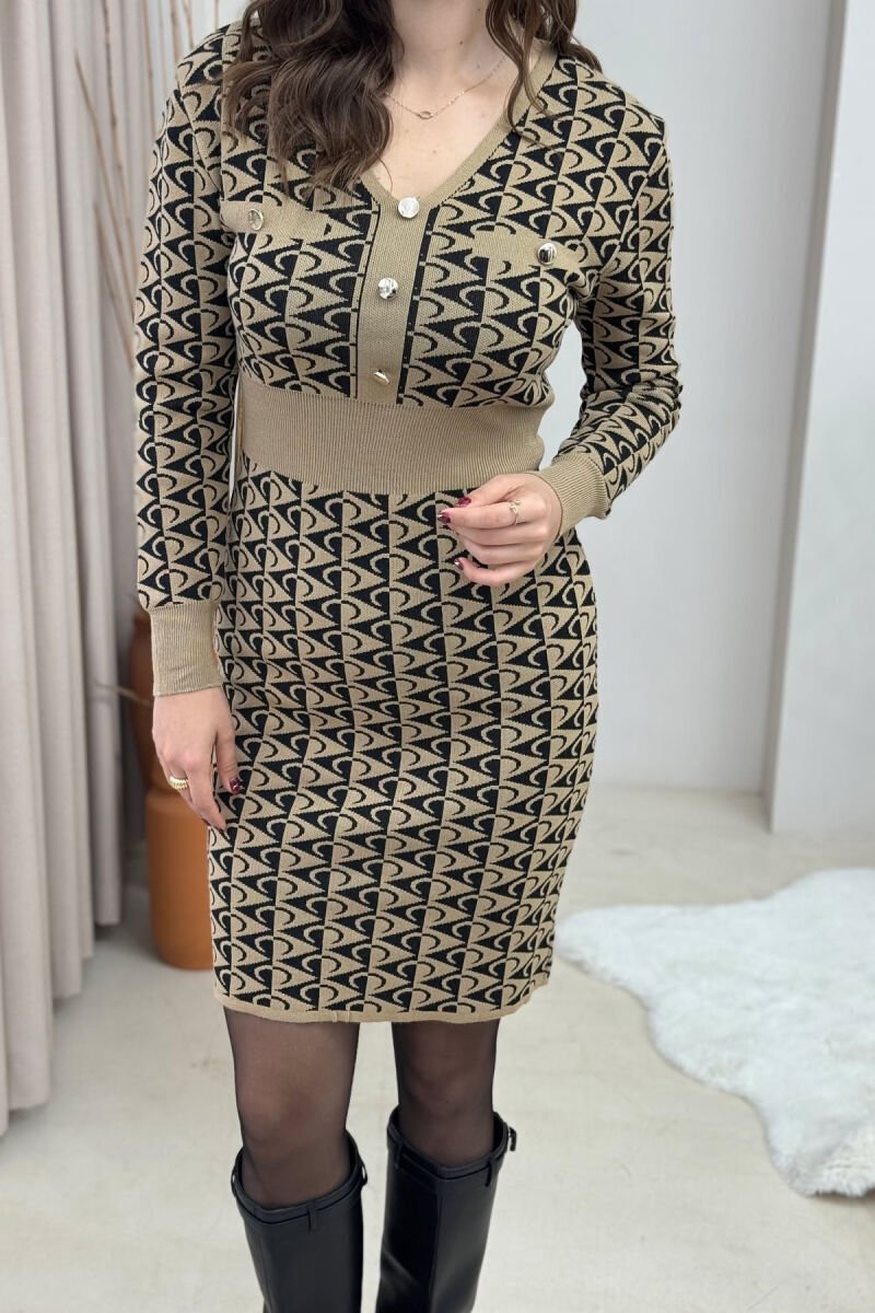 LONG BUTTONED V NECK WOMEN DRESS BROWN/KAFE - 3