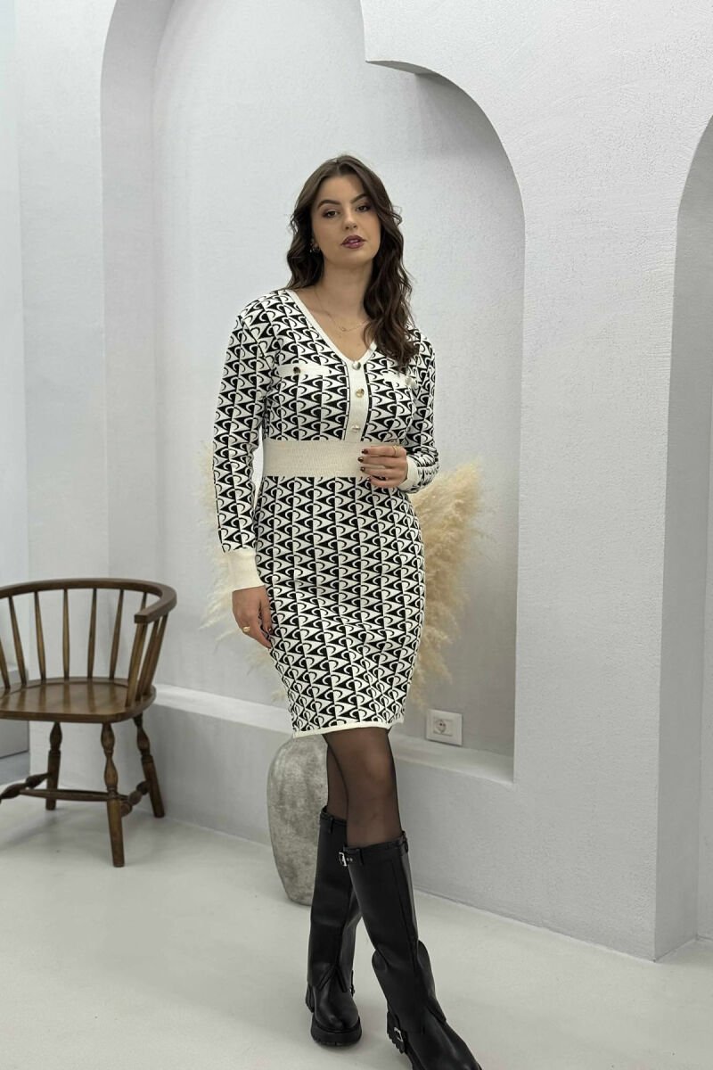 LONG BUTTONED V NECK WOMEN DRESS CREAM/KREM - 1