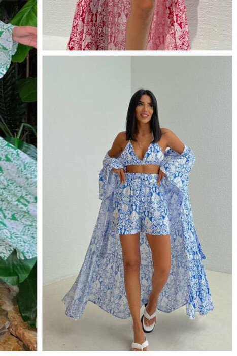 LONG CARDIGAN+ CROP + SHORTS WOMAN SET BLUE/BLU 
