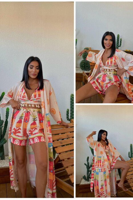 LONG CARDIGAN + CROP + SHORTS WOMAN SET CREAM/KREM - KLAUDIO FASHION