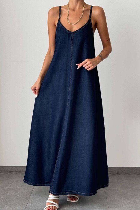LONG DENIM WOMEN DRESS DARK BLUE/BEE - KLAUDIO FASHION