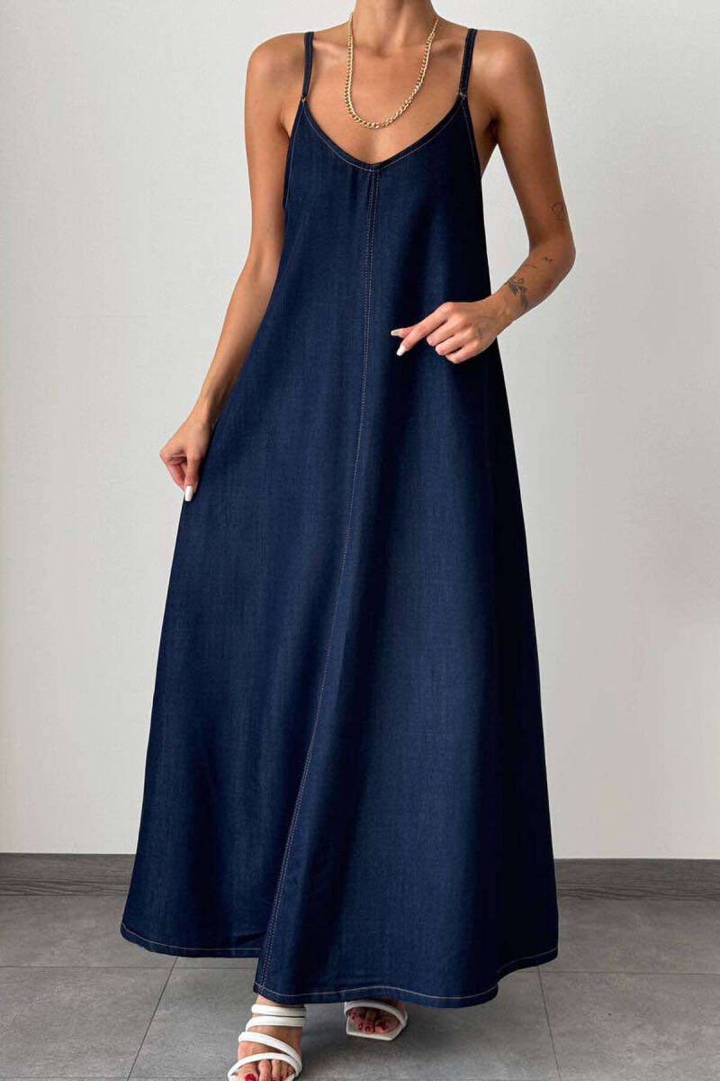 LONG DENIM WOMEN DRESS DARK BLUE/BEE - 1