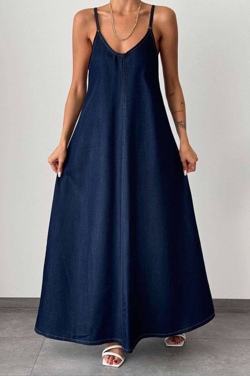 LONG DENIM WOMEN DRESS DARK BLUE/BEE - 2