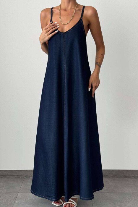 LONG DENIM WOMEN DRESS DARK BLUE/BEE - 3