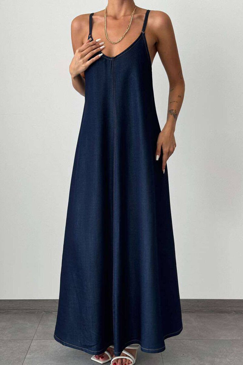LONG DENIM WOMEN DRESS DARK BLUE/BEE - 3