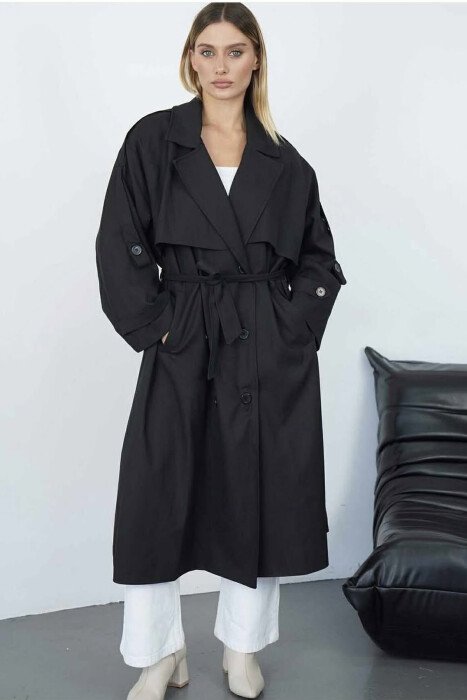 LONG DOUBLE-BREASTED LACING DETAIL WOMEN TRENCH COAT BLACK/ E ZEZE - 5