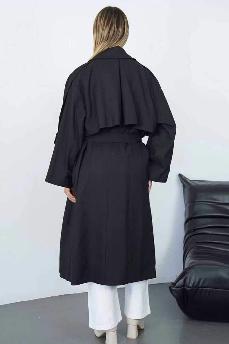 LONG DOUBLE-BREASTED LACING DETAIL WOMEN TRENCH COAT BLACK/ E ZEZE - 6
