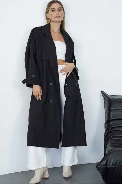 LONG DOUBLE-BREASTED LACING DETAIL WOMEN TRENCH COAT BLACK/ E ZEZE - 7