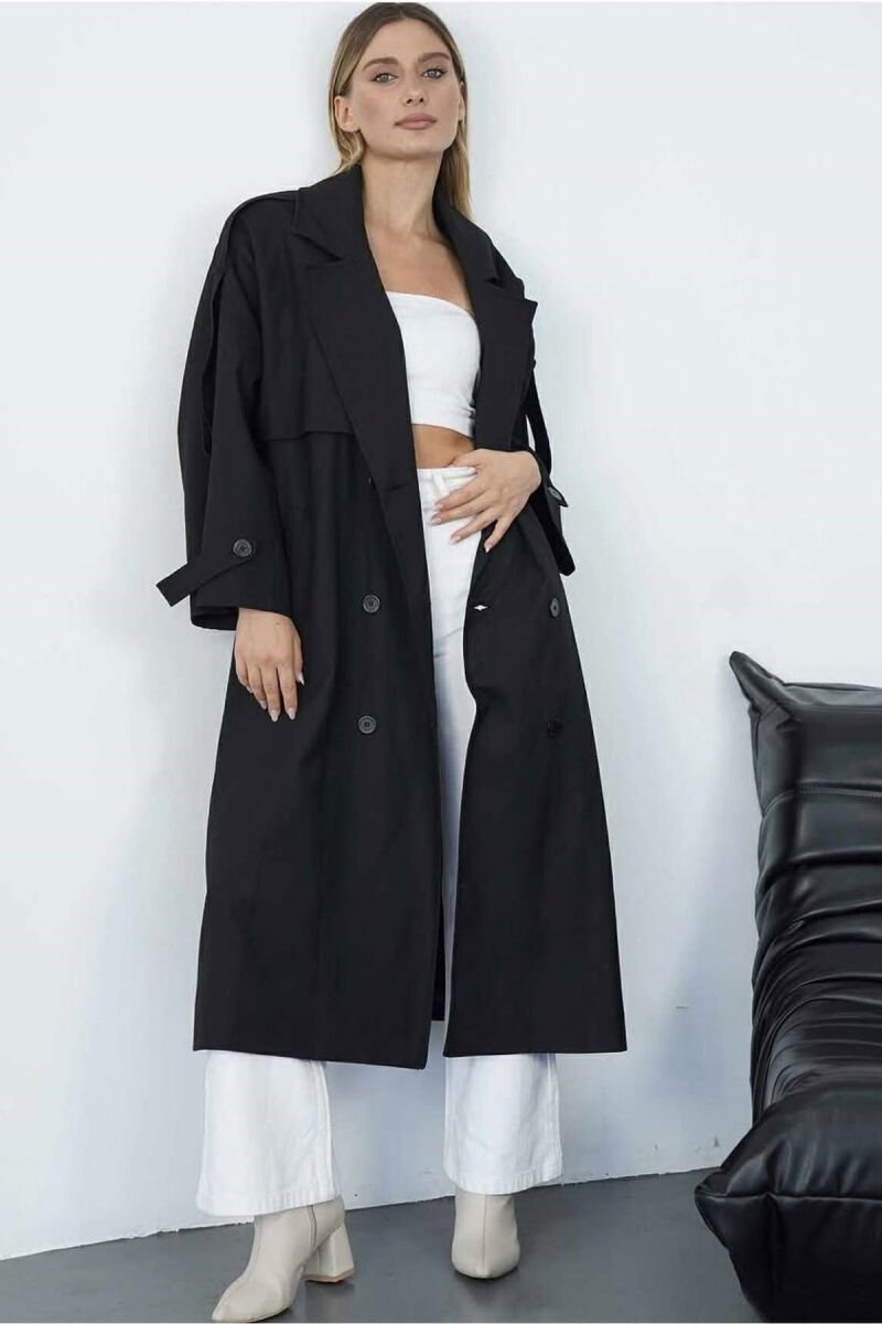 LONG DOUBLE-BREASTED LACING DETAIL WOMEN TRENCH COAT BLACK/ E ZEZE - 7