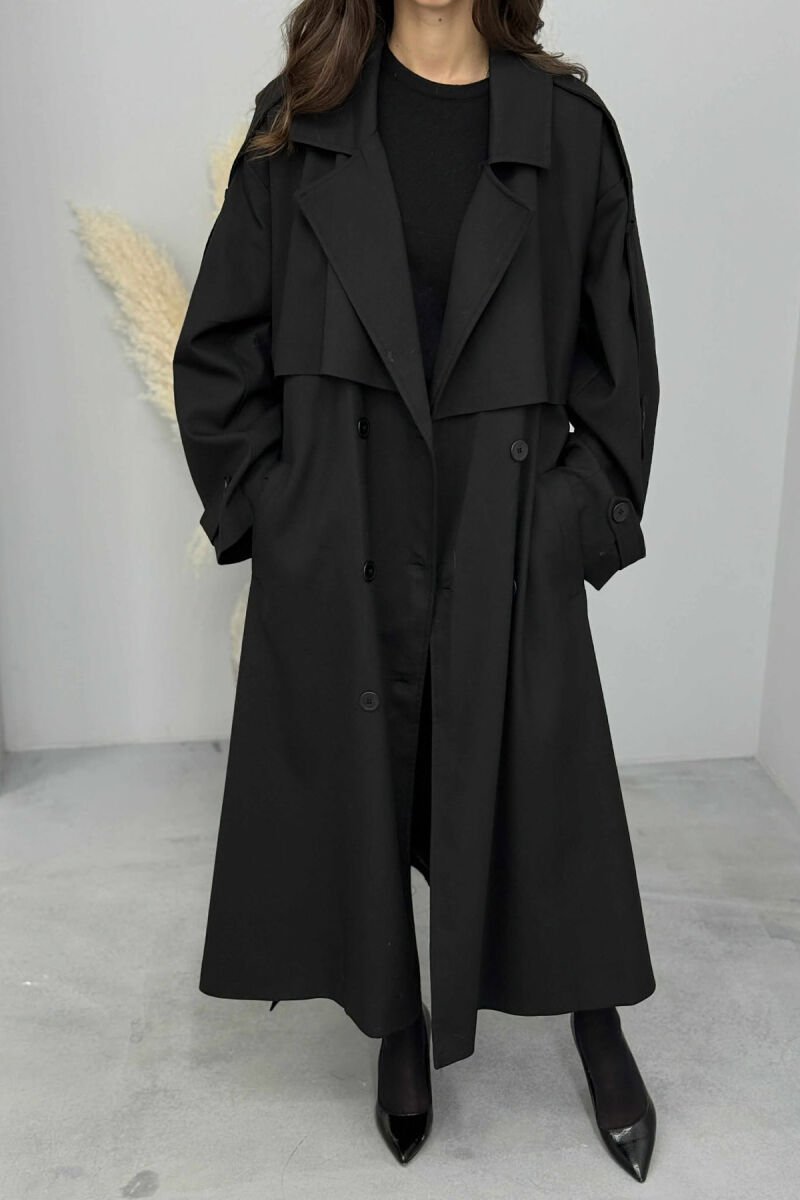 LONG DOUBLE-BREASTED LACING DETAIL WOMEN TRENCH COAT BLACK/ E ZEZE - 2