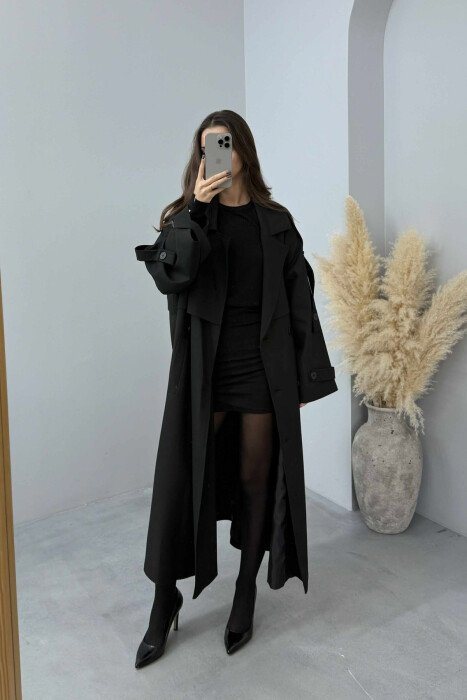 LONG DOUBLE-BREASTED LACING DETAIL WOMEN TRENCH COAT BLACK/ E ZEZE - 4