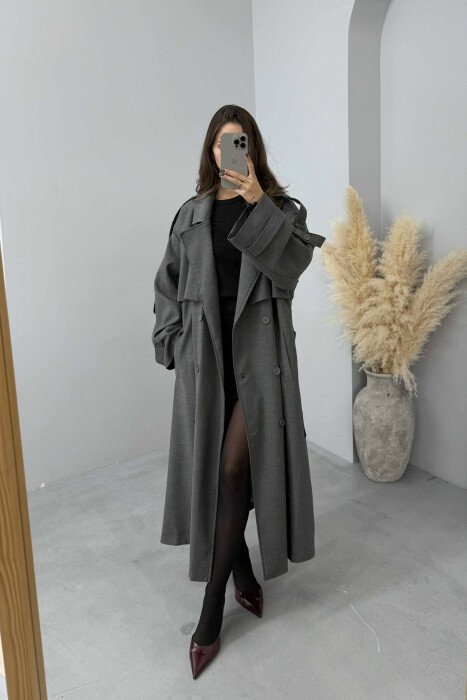 LONG DOUBLE-BREASTED LACING DETAIL WOMEN TRENCH COAT GREY/GRI - KLAUDIO FASHION