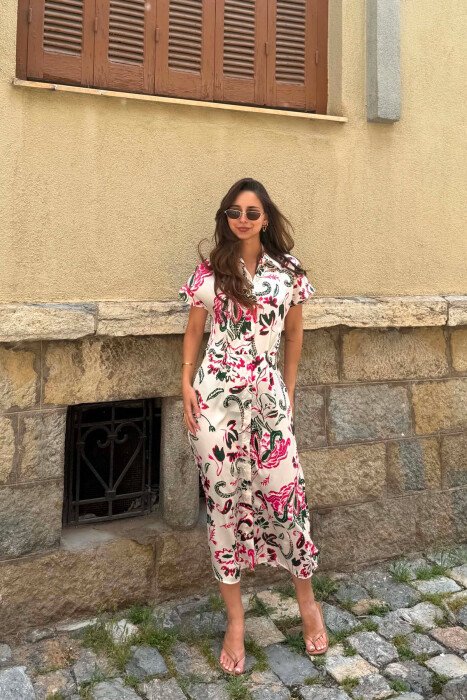 LONG FLORAL DESIGN WOMAN DRESS CREAM/KREM - 1