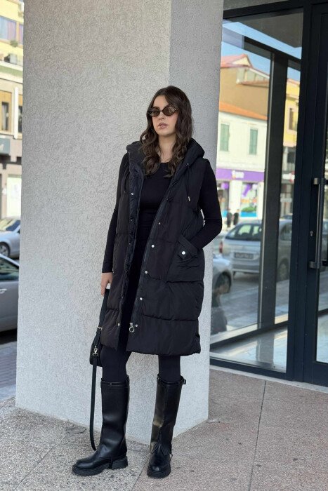 ONE COLOR LONG HOOD WOMEN VEST BLACK/ E ZEZE - 2