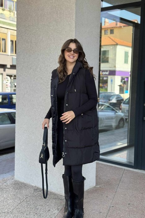ONE COLOR LONG HOOD WOMEN VEST BLACK/ E ZEZE - 3