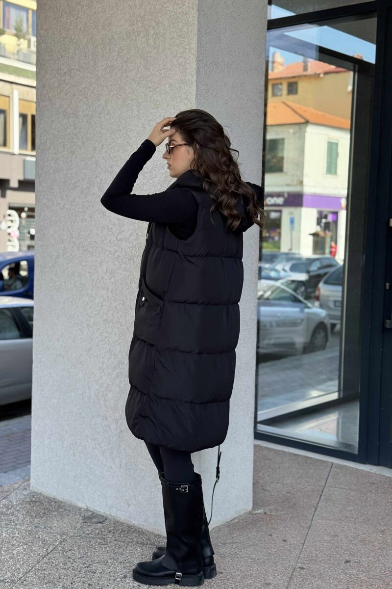 ONE COLOR LONG HOOD WOMEN VEST BLACK/ E ZEZE - 4