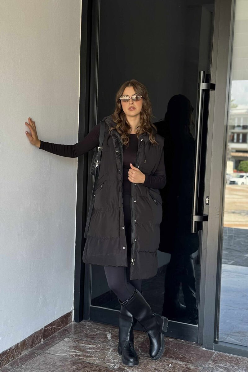 ONE COLOR LONG HOOD WOMEN VEST BLACK/ E ZEZE - 5