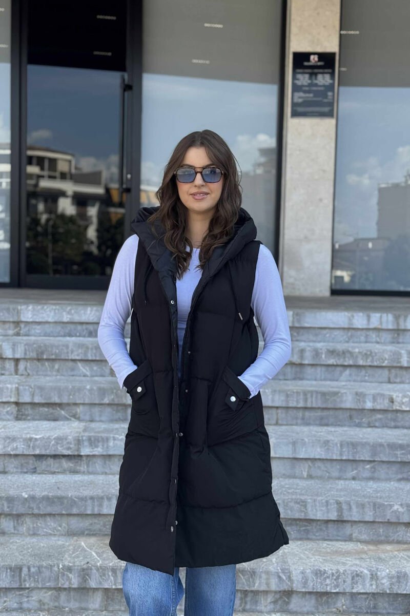 ONE COLOR LONG HOOD WOMEN VEST BLACK/ E ZEZE - 13