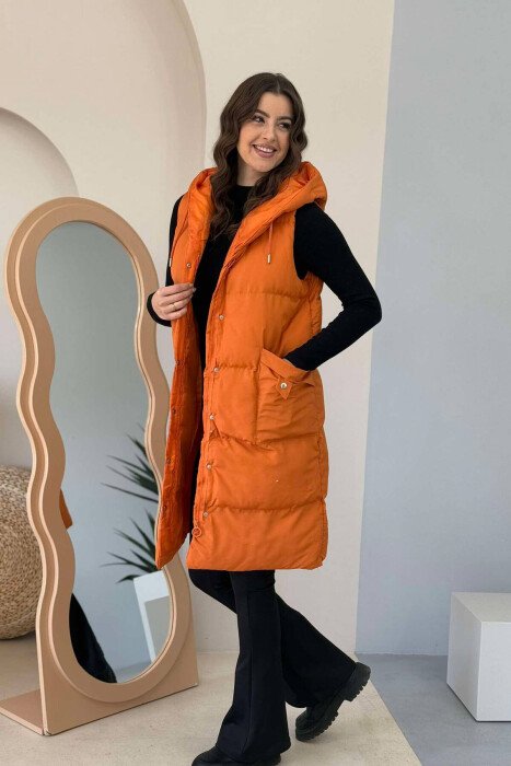 ONE COLOR LONG HOOD WOMEN VEST ORANGE/PORTOKALLI - 2