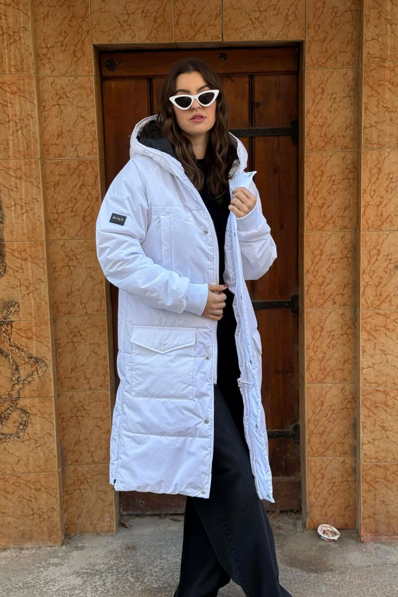 LONG HOODED WOMEN PUFFER JACKET WHITE-E BARDHE - 1