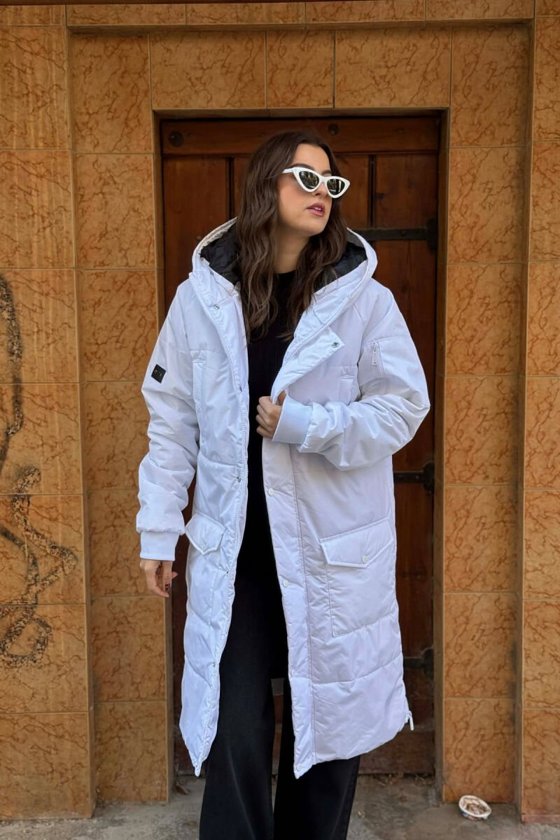 LONG HOODED WOMEN PUFFER JACKET WHITE-E BARDHE - 2