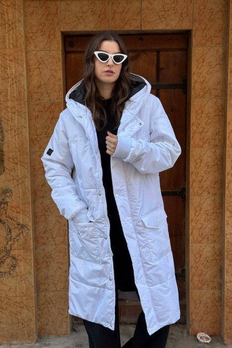 LONG HOODED WOMEN PUFFER JACKET WHITE-E BARDHE - 3