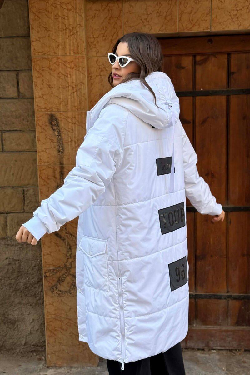 LONG HOODED WOMEN PUFFER JACKET WHITE-E BARDHE - 4