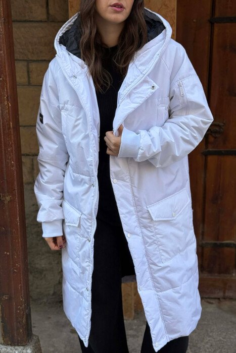 LONG HOODED WOMEN PUFFER JACKET WHITE-E BARDHE - 5