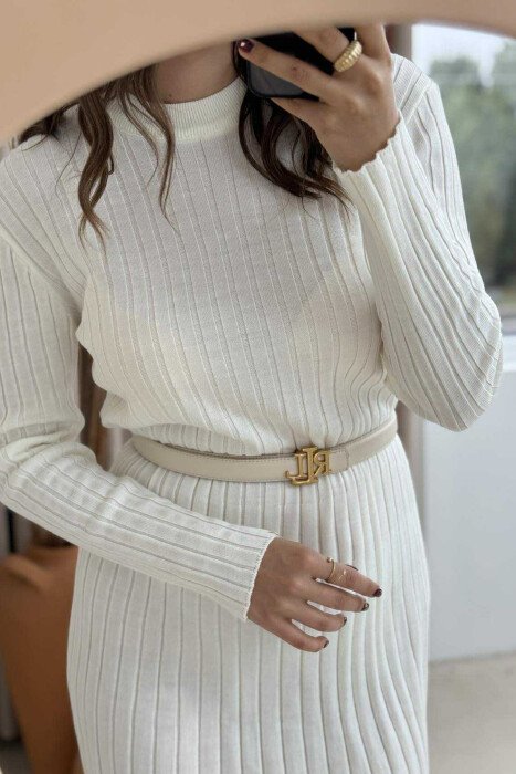 LONG KNITTED ROUND NECK WOMEN DRESS WHITE-E BARDHE - 5