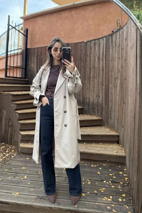 LONG LACING BUTTONS DETAIL WOMEN JACKET GREY/GRI - KLAUDIO FASHION