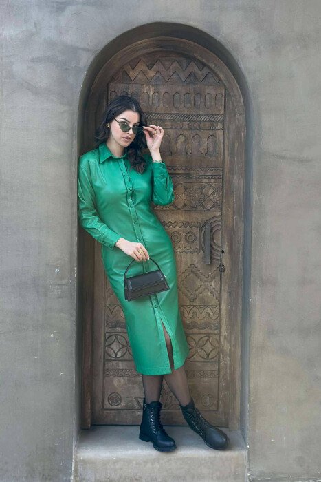 LONG LEATHER BUTTON WOMEN DRESS GREEN/JESHILE - KLAUDIO FASHION