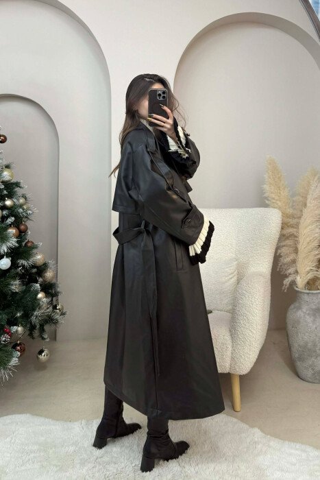 LONG LEATHER LACING DETAIL WOMEN JACKET BLACK/ E ZEZE - 4