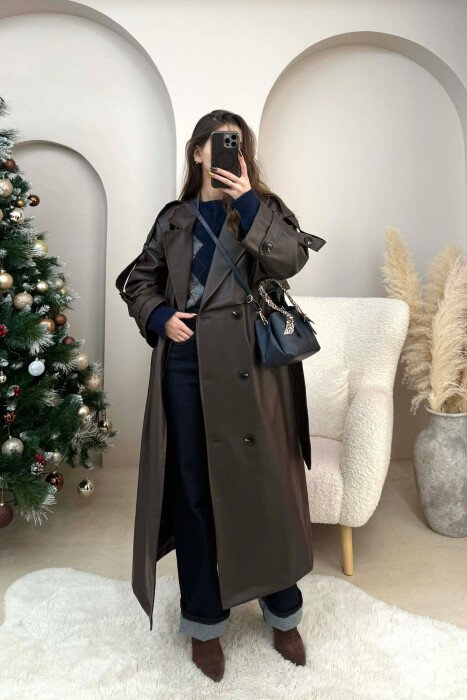 LONG LEATHER LACING DETAIL WOMEN JACKET DARK BROWN/KAE - 2