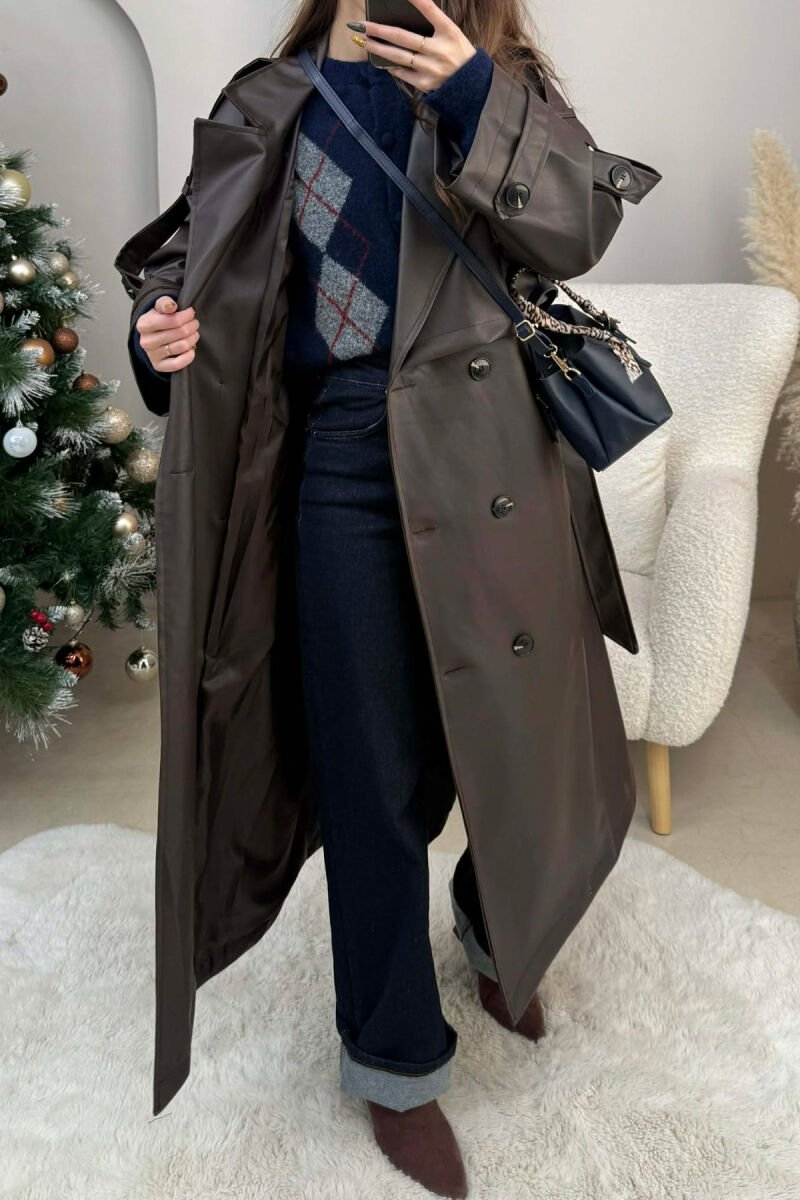 LONG LEATHER LACING DETAIL WOMEN JACKET DARK BROWN/KAE - 3