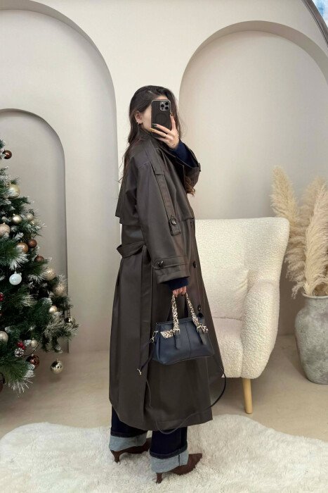 LONG LEATHER LACING DETAIL WOMEN JACKET DARK BROWN/KAE - 4