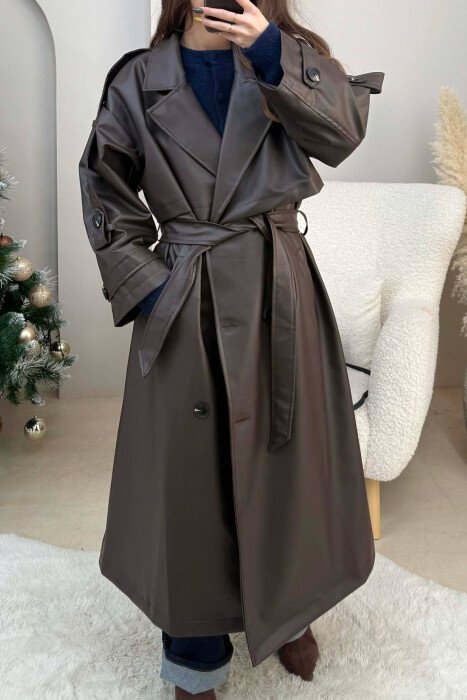 LONG LEATHER LACING DETAIL WOMEN JACKET DARK BROWN/KAE - 1