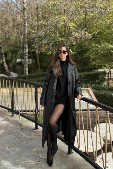 LONG LEATHER LACING WOMEN JACKET BLACK/ E ZEZE - KLAUDIO FASHION