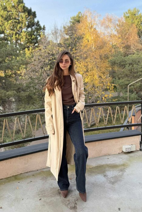 LONG LEATHER LACING WOMEN JACKET CREAM/KREM - KLAUDIO FASHION