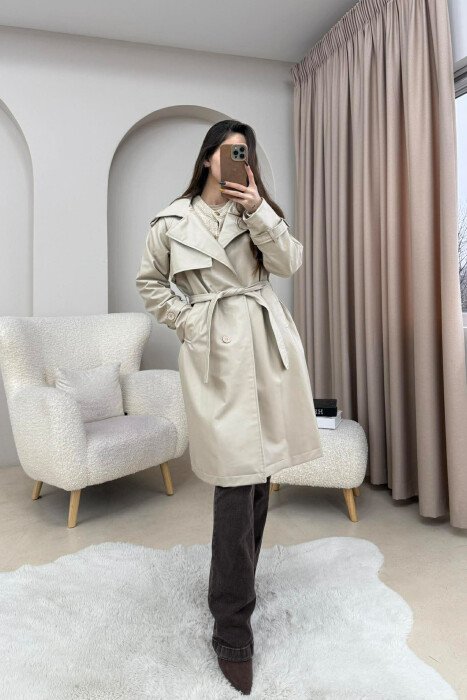 LONG LEATHER ONE COLOR WOMEN JACKET BEIGE/BEZHE - 4